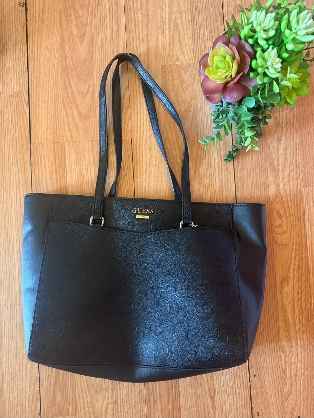GUESS Black Embossed Logo Bag w/ Gold Hardware Double Handles Charm. Minor Signs